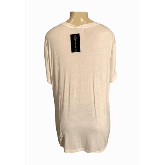 Curvations + 2X Eggshell Embroidered Floral Sheer Lined V-Neck Short Sleeve Top - Picture 4 of 6